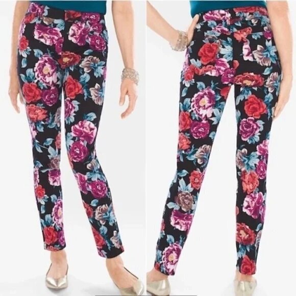 Chico's Jeggings Black Floral Stretch Button Pants Chicos Size 3R Womens 16R - Picture 1 of 16